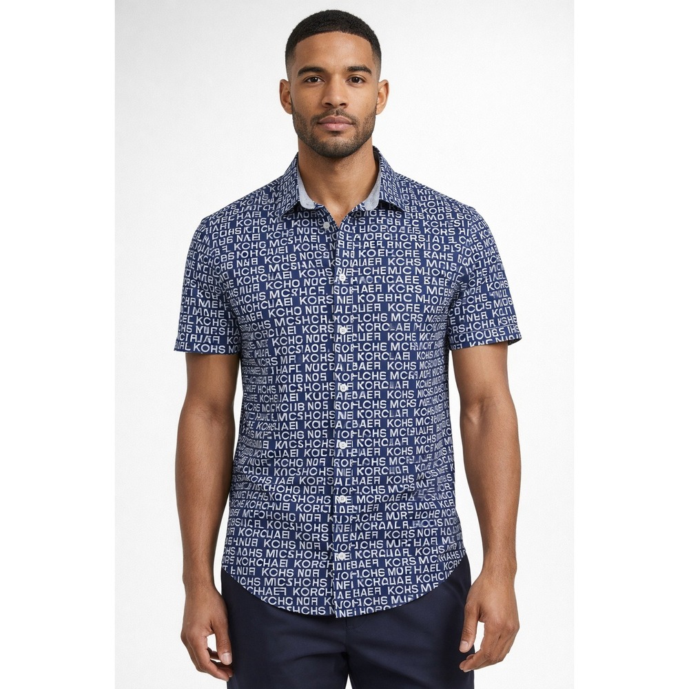 Michael Kors Button Up Shirt Mens Small Blue Logo Print Classic Fit Short Sleeve